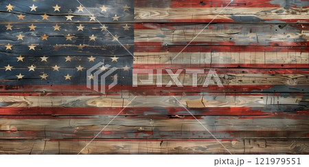 American flag painted on distressed wooden planks with a rustic texture 121979551
