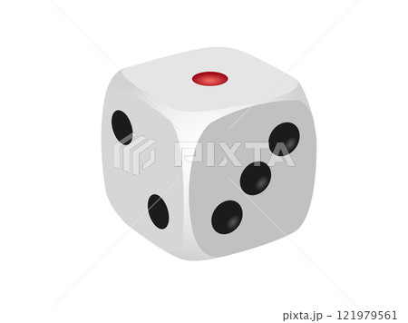 Six sided white game die icon, showing sides of 1, 2, 3 121979561