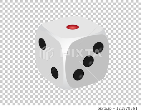 Six sided white game die icon, showing sides of 1, 2, 3 121979561