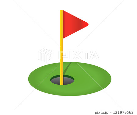 REd triangular golf flag and hole icon with green field REd triangular golf flag and hole icon with green field 121979562