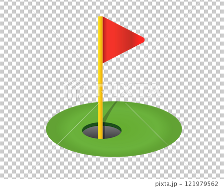 REd triangular golf flag and hole icon with green field 121979562