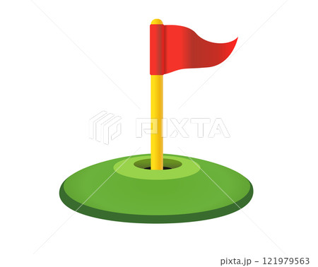 Red triangular golf flag and hole icon with green field 121979563