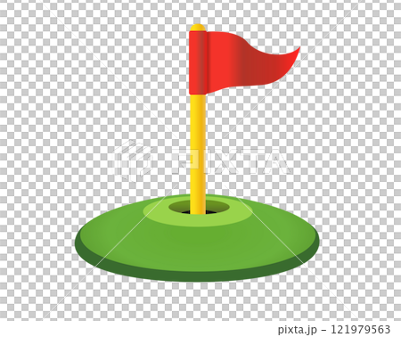 Red triangular golf flag and hole icon with green field Red triangular golf flag and hole icon with green field 121979563