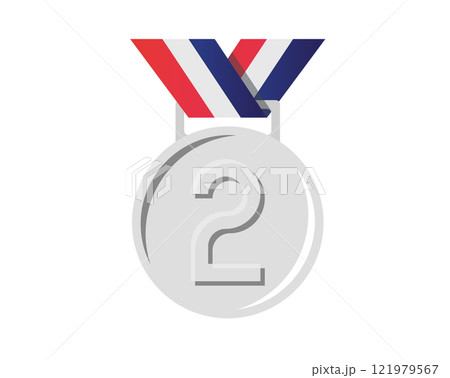 Second place silver sports medal icon with star, blue, white, red ribbon Second place silver sports medal icon with star, blue, white, red ribbon 121979567