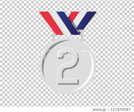 Second place silver sports medal icon with star, blue, white, red ribbon Second place silver sports medal icon with star, blue, white, red ribbon 121979567