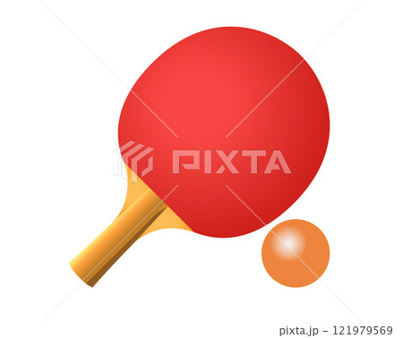 Table tennis paddle icon with red rubber surface and ping pong ball Table tennis paddle icon with red rubber surface and ping pong ball 121979569