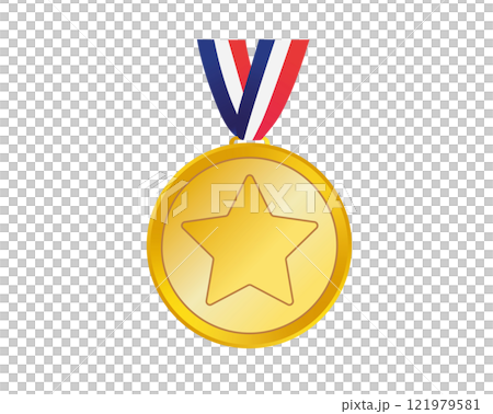 First place gold sports medal icon with star, blue, white, red ribbon 121979581