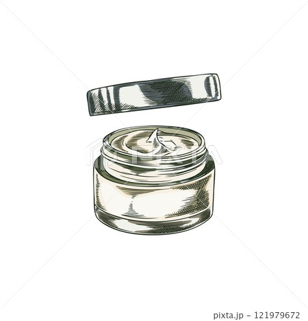 Cosmetic vector element with gel in glass jar with an open lid in sketch style 121979672