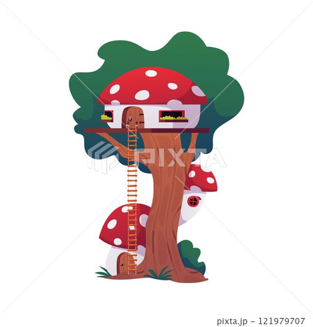 Cartoon game fantasy huts on tree trunk, vector flat cute fairy tale summer village houses with ladder, fly agaric roof Cartoon game fantasy huts on tree trunk, vector flat cute fairy tale summer village houses with ladder, fly agaric roof 121979707