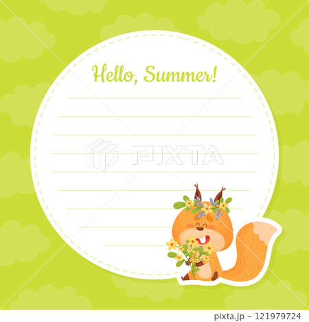 Hello Summer Banner with Funny Squirrel Animal Character with Bushy Tail Vector Template Hello Summer Banner with Funny Squirrel Animal Character with Bushy Tail Vector Template 121979724