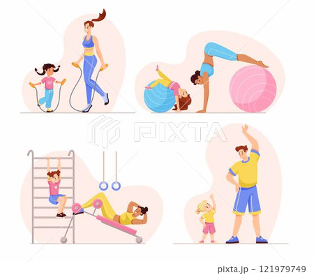 Parent with Child Do Sport Physical Activity Vector Set 121979749