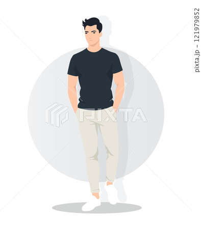 Vector illustration. A young man in a dark t-shirt and light pants, standing in a relaxed pose. Light background with circular accent. 121979852