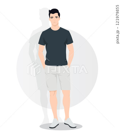 Vector illustration. A man in a dark T-shirt and light colored shorts. The background is made in a gray color scheme with a circular element. 121979855