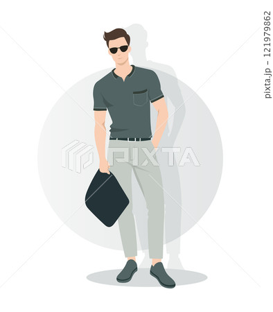 Vector illustration. A man in a black shirt and light gray pants. In the background are round elements, the pose is relaxed, the style is elegant. 121979862