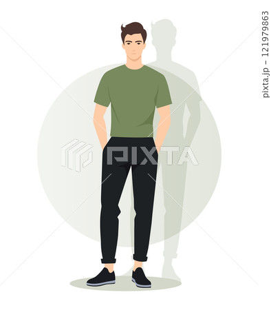Vector illustration. A young man in a light green T-shirt and black pants. The color adds freshness and naturalness to the style. 121979863