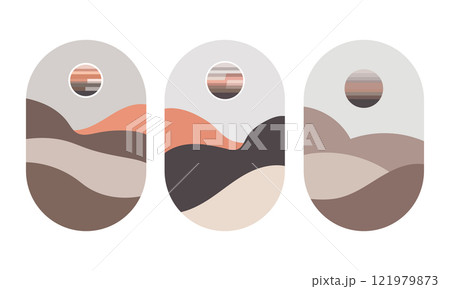 Vector illustration. A set of three vertical illustrations in pastel shades of brown, orange and gray. Abstract landscape with smooth lines and sun. Vector illustration. A set of three vertical illustrations in pastel shades of brown, orange and gray. Abstract landscape with smooth lines and sun. 121979873