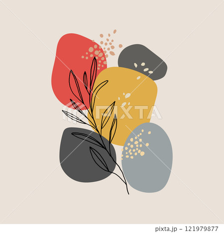 Vector illustration. Abstract graphics with smooth spots of red, yellow, gray and black colors. The contrast creates subtle plant lines. 121979877