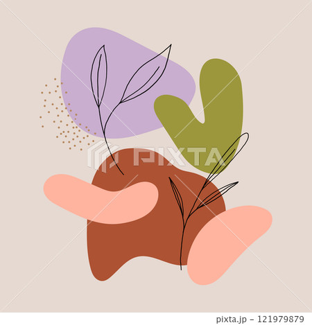 Vector illustration. Abstraction of warm tones with pink, green and brown spots. Thin plant contours create harmony between nature and modernity. 121979879