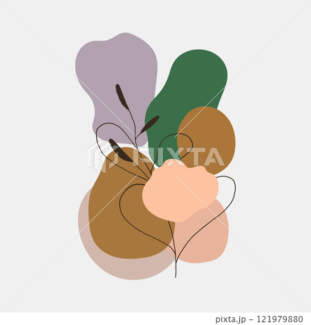Vector illustration. Abstract composition with soft spots of green, orange, cream and purple colors. Black plant contours create a sense of harmony and naturalness. Vector illustration. Abstract composition with soft spots of green, orange, cream and purple colors. Black plant contours create a sense of harmony and naturalness. 121979880
