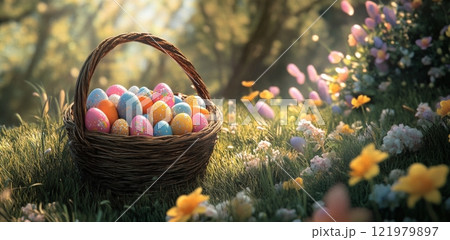 Colorful Easter eggs in a woven basket on a meadow under a sunny sky with mountains in the background 121979897