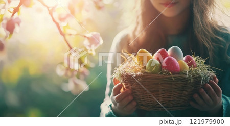 Girl in white dress holds basket of colorful eggs during sunset in a field 121979900