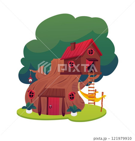 Cartoon game fantasy huts in tree trunk, vector flat cute fairy tale houses with ladder and hammock, wooden dwellings Cartoon game fantasy huts in tree trunk, vector flat cute fairy tale houses with ladder and hammock, wooden dwellings 121979910