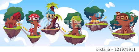 Game level platforms, islands with huts on the tree trunk and awards floating in the sky, vector flat fairy tale village Game level platforms, islands with huts on the tree trunk and awards floating in the sky, vector flat fairy tale village 121979911
