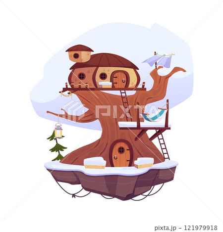 Game island with huts, vector cartoon cute winter fairy tale village houses with ladder, lantern, hammock on tree trunk Game island with huts, vector cartoon cute winter fairy tale village houses with ladder, lantern, hammock on tree trunk 121979918