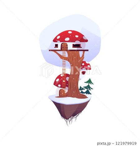 Game island with hut, vector cartoon cute winter fairy tale village house with stairs, fly agaric roof on the tree trunk 121979919