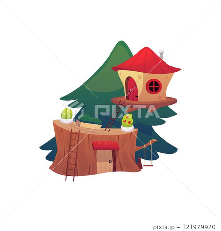 Cartoon game fantasy huts in tree trunk, vector flat fairy tale houses with ladder, swing and potted plants, fir tree 121979920