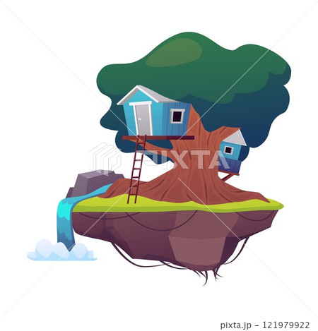 Floating game island with huts on the tree trunk, vector cartoon cute fairy tale village house with stairs, waterfall Floating game island with huts on the tree trunk, vector cartoon cute fairy tale village house with stairs, waterfall 121979922