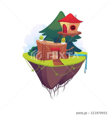 Floating game island with huts on the fir tree, vector cartoon cute fairy tale village houses with stairs, waterfall Floating game island with huts on the fir tree, vector cartoon cute fairy tale village houses with stairs, waterfall 121979932