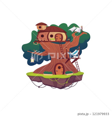 Vector illustration of a treehouse on a flying island on a white background Vector illustration of a treehouse on a flying island on a white background 121979933