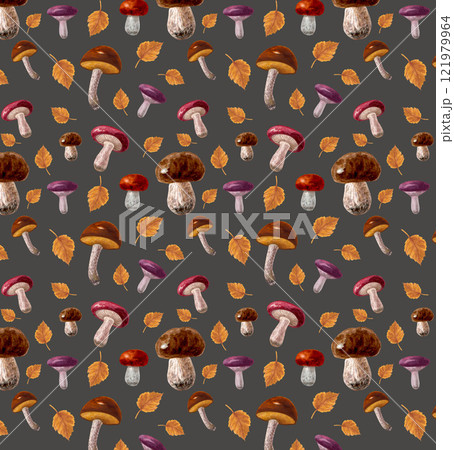 Seamless pattern of watercolor illustrations of forest mushrooms, gifts of nature on a brown background Seamless pattern of watercolor illustrations of forest mushrooms, gifts of nature on a brown background 121979964