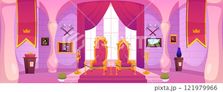 Vector interior of the castle with two thrones on a pedestal, tapestries and candlesticks 121979966