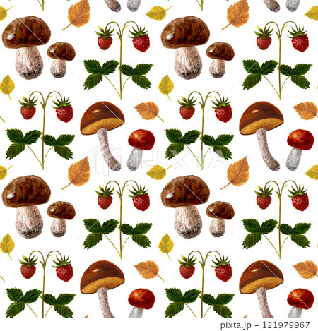 Seamless pattern of watercolor illustrations of forest mushrooms and strawberries, gifts of nature on a white background Seamless pattern of watercolor illustrations of forest mushrooms and strawberries, gifts of nature on a white background 121979967