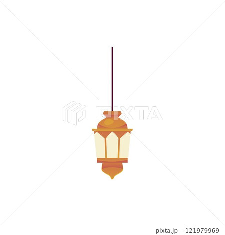 Oriental hanging lantern, vintage hanging lamp with golden lampshade vector flat icon, Arabian antique interior design 121979969