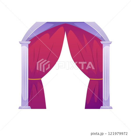 Red canopy or curtain, marble arch with columns. 121979972