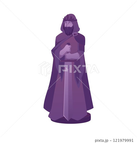 Vector illustration of statue depicting man in a cloak with a sword in medieval style 121979991