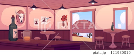 Vector illustration in Western style with bar with cow's skull and tables, chairs, alcoholic beverages. 121980010
