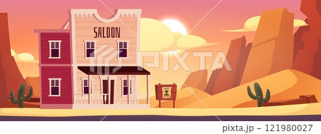 Vector landscape in Western style with a wooden house, a saloon sign 121980027