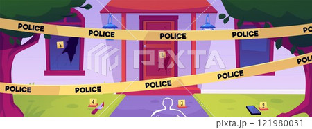 Vector of crime scene- a house with broken windows, yellow tape, a chalk outline, evidence. 121980031