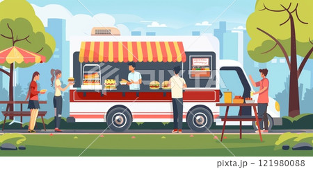 Food truck serving burgers and snacks in a park setting with people ordering and enjoying meals, surrounded by trees, tables, and a vibrant urban background 121980088