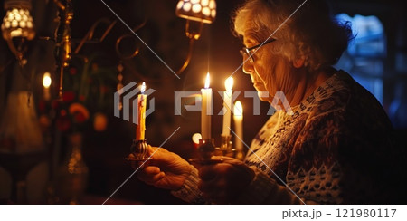 An elderly woman lighting candles in a warm, serene atmosphere, symbolizing tradition and spirituality, with soft candlelight illuminating her face 121980117