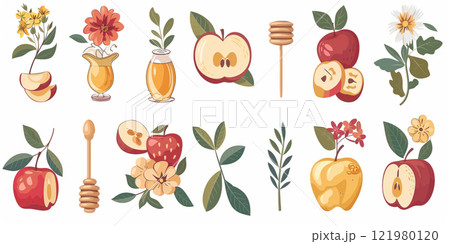 Honey, apples, and floral illustrations representing Rosh Hashanah, symbolizing sweetness, renewal, and the Jewish New Year in a vibrant and artistic style 121980120