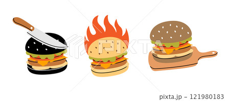 Fresh burger set. Traditional American fast food. Takeaway snack. Vector illustration. 121980183