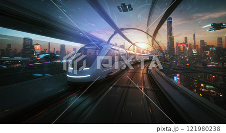 A sleek futuristic train traveling on elevated tracks through a vibrant, illuminated city at sunset. Ideal for sci-fi themes, transport innovations, and urban future concepts. 121980238