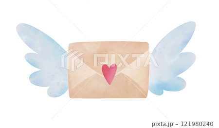 Love letter with bird wings and heart symbol. Vintage envelope, romantic watercolor illustration for Valentine's day decoration, scrapbooking and postcard design Love letter with bird wings and heart symbol. Vintage envelope, romantic watercolor illustration for Valentine's day decoration, scrapbooking and postcard design 121980240