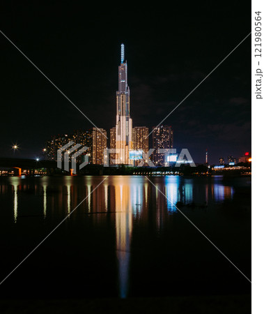 Bitexco and Landmark 81 at Sunset in Ho Chi Minh City with Saigon Bridge and Scenic View 121980564