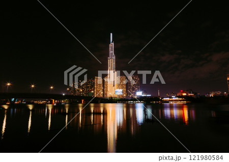 Bitexco and Landmark 81 at Sunset in Ho Chi Minh City with Saigon Bridge and Scenic View 121980584